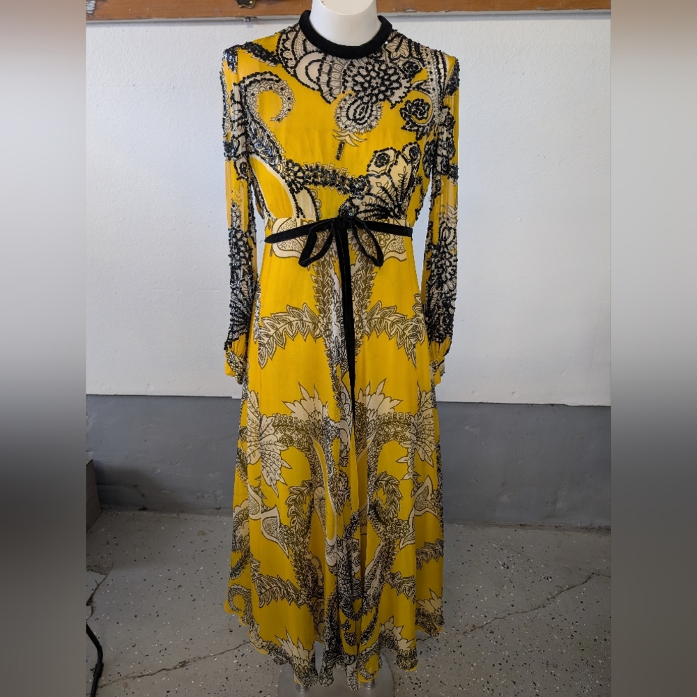 Vintage Dress Pure Silk Sequin Sheer  Yellow Black Maxi Bohemian Festival